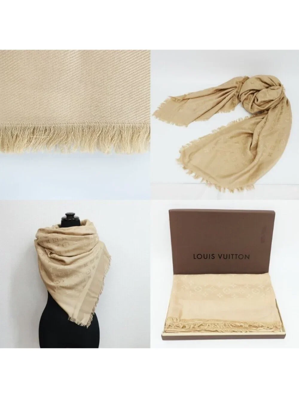 Louis Vuitton Heaven Shawl Large Monogram Fringe Silk Wool Beige Scarf